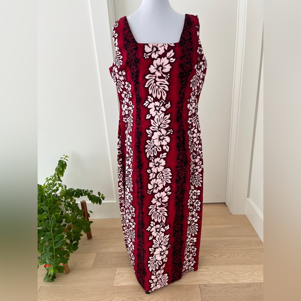 ROYAL CREATIONS Hawaiian Maxi Sheath Dress Sleeveless Side Slit Cotton Hibiscus